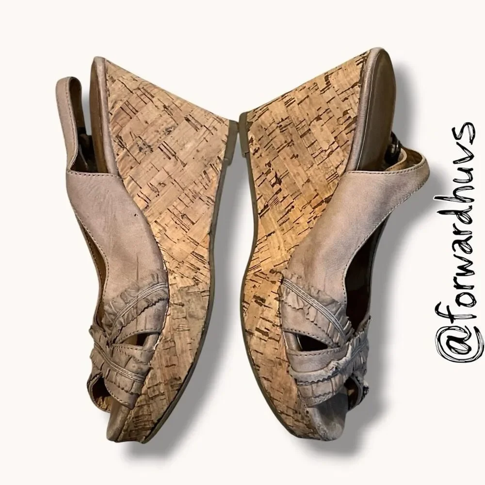 ALDO Ruffle Strappy Cork Wedge Slingback Sandals Taupe Size 6.5 EU 37